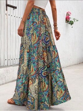 SHEIN Teal Multi Paisley Tiered Maxi Skirt